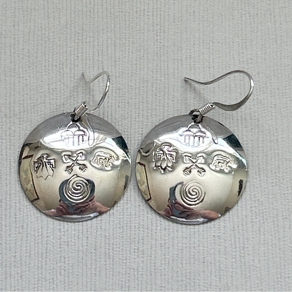 Native American Etched Symbols Sterling Silver Medallion Earrings